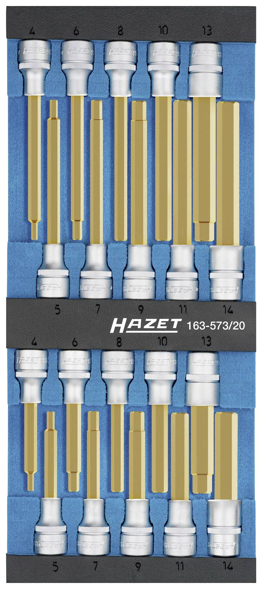 Coffret de clés à douille HAZET avec 20 embouts dorés et argentés dans un support bleu, numérotés de 4 à 14.