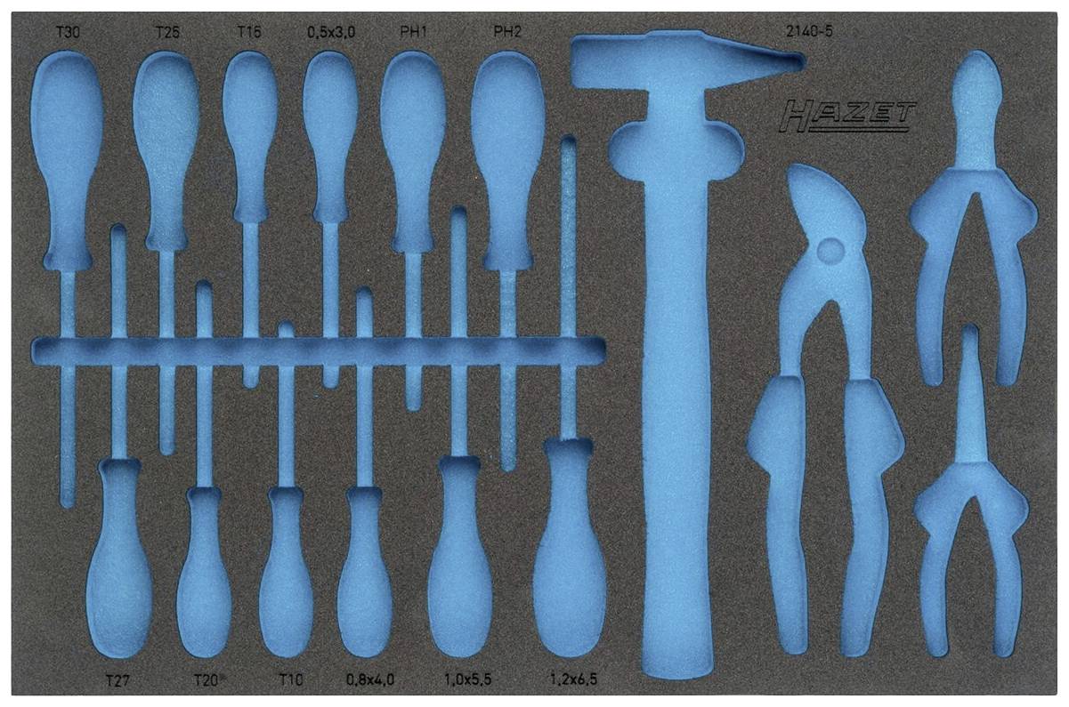 Ensemble d'outils comprenant des tournevis, une pince multiprise et un pied à coulisse, logé dans un support en mousse.