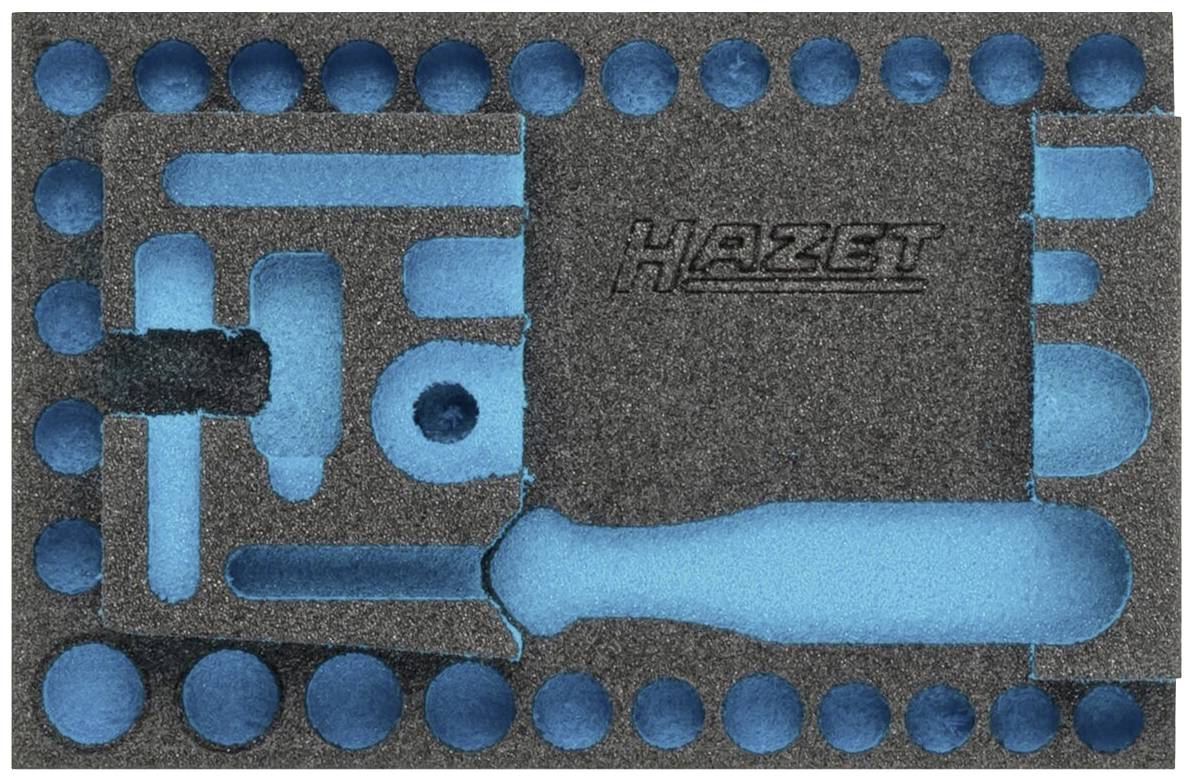 Insertion en mousse avec plusieurs découpes pour outils, noir et bleu, portant le logo 'HAZET'. Principalement composée de formes rondes et rectangulaires.