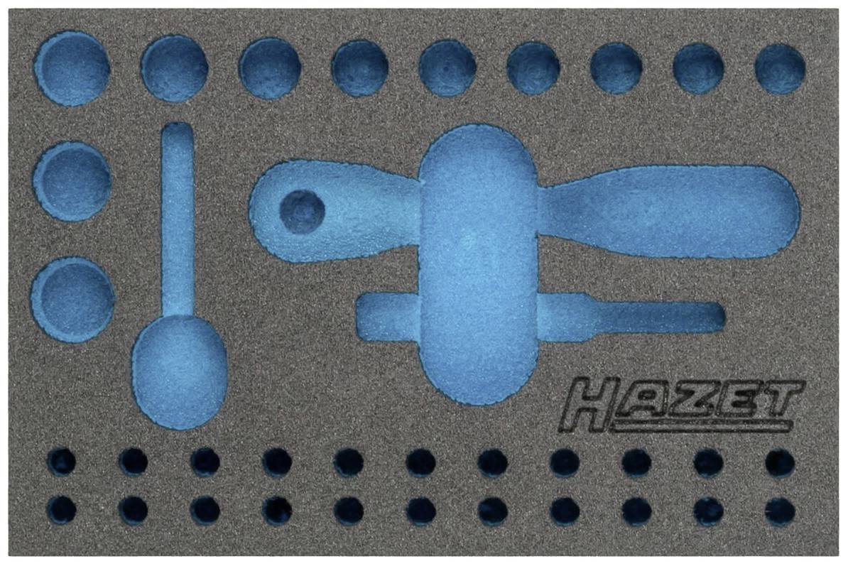 Insert en mousse avec des découpes bleues pour le rangement sécurisé des outils. Nom de marque 'Hazet' en bas à droite.