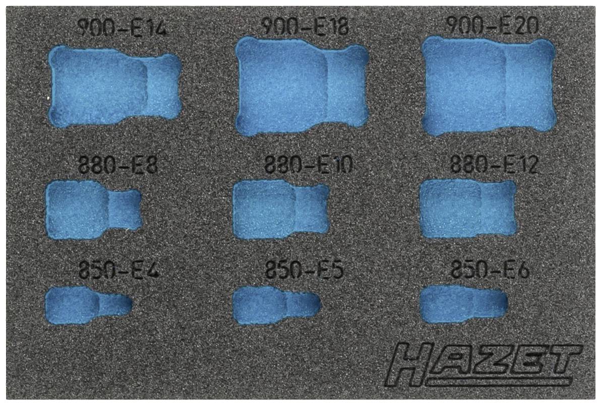 Un insert en mousse de Hazet avec des emplacements marqués pour différentes tailles de douilles, dont 900-E14, 900-E18 et 900-E20.