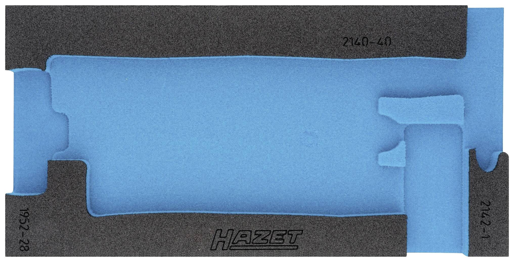 Un insert à outils bleu en mousse avec des découpes pour différents outils, entouré d'un bord noir. Marqué 'HAZET'.
