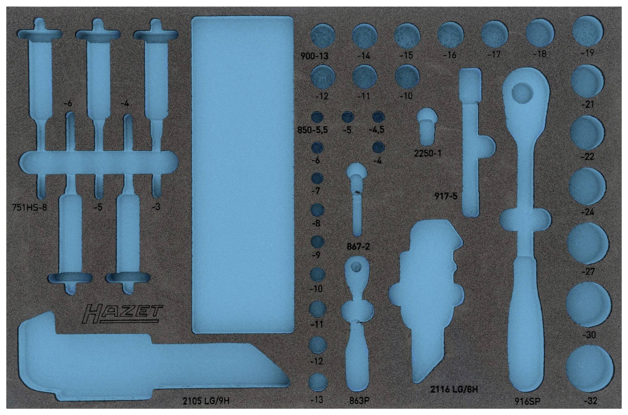 Insert de maintien d'outils avec découpes pour tournevis, clés et cliquet de Hazet, pour un rangement d'outils organisé.