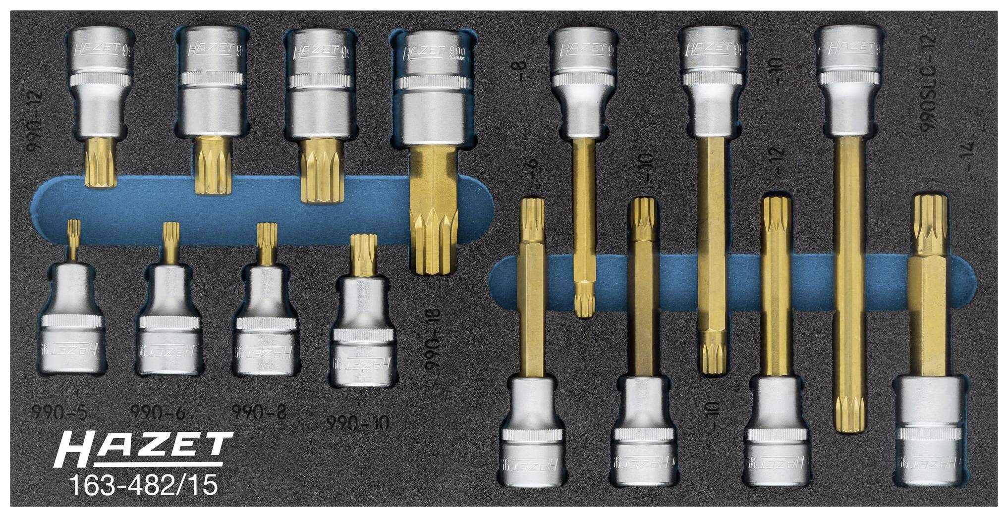 Jeu de 15 embouts Hazet dans un insert en mousse, composé de différentes douilles et embouts, conçu pour différents types de vis.