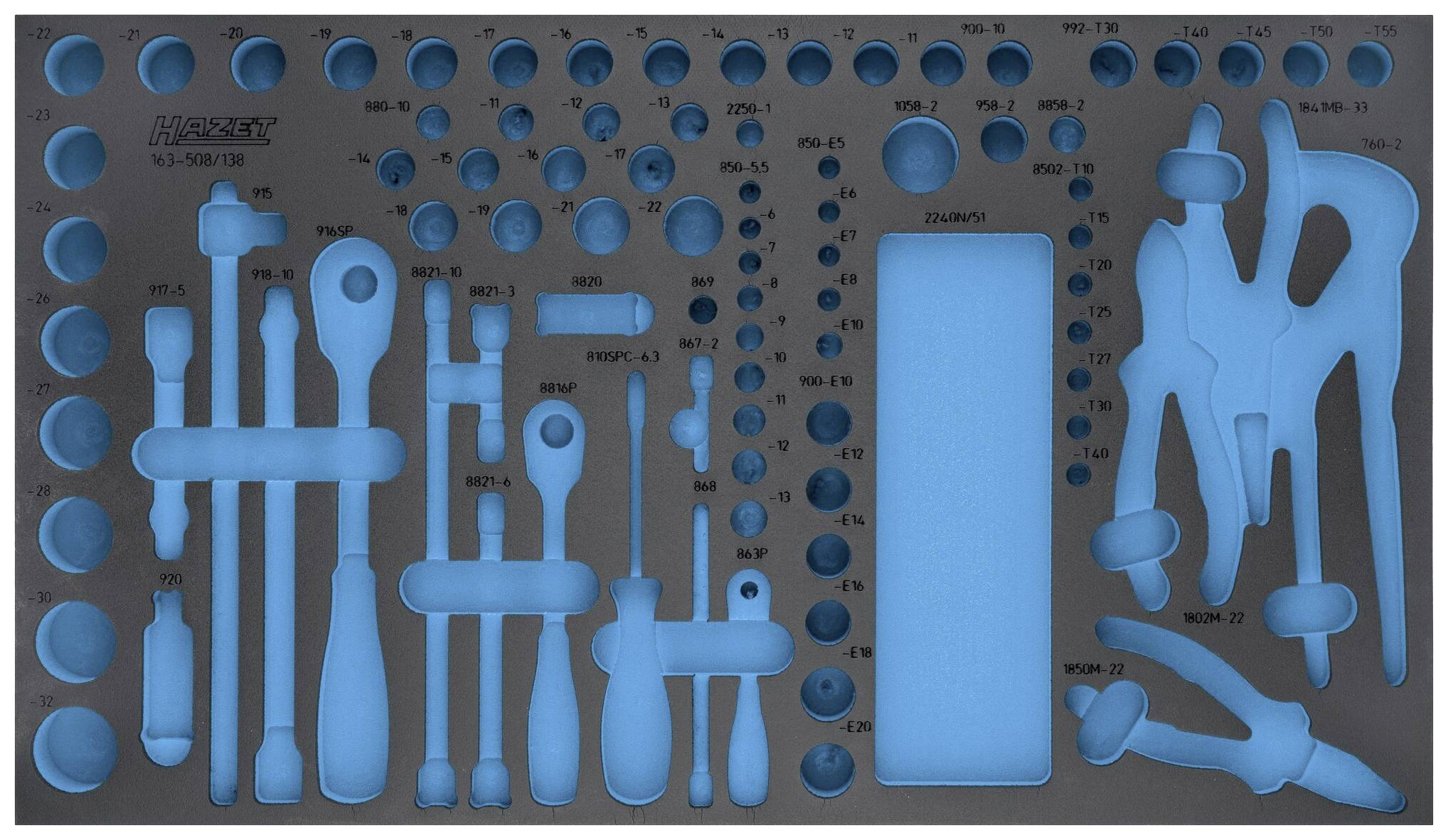 Insert de tiroir avec des découpes bleues pour différents outils : tournevis, marteaux et pinces, étiqueté pour une organisation optimale.