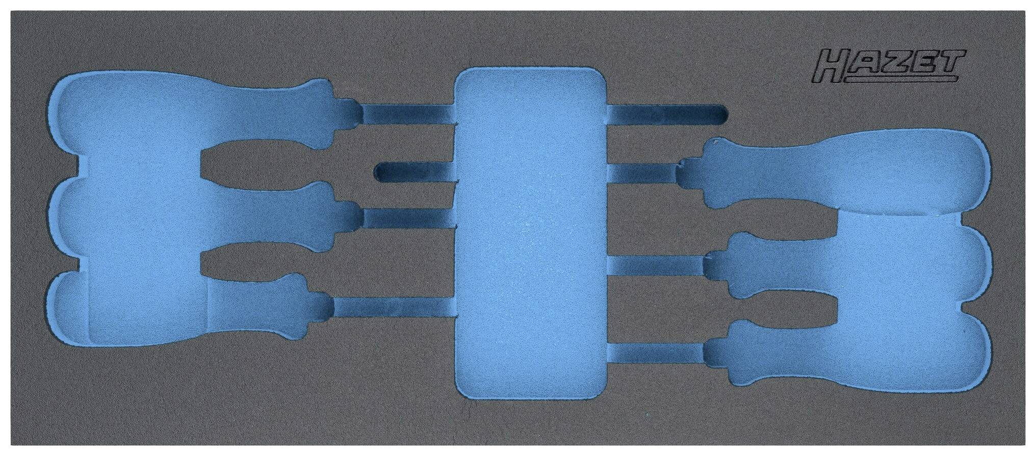 Garniture en mousse pour six tournevis, insert bleu dans un matériau sombre. Nom de marque en haut à droite.