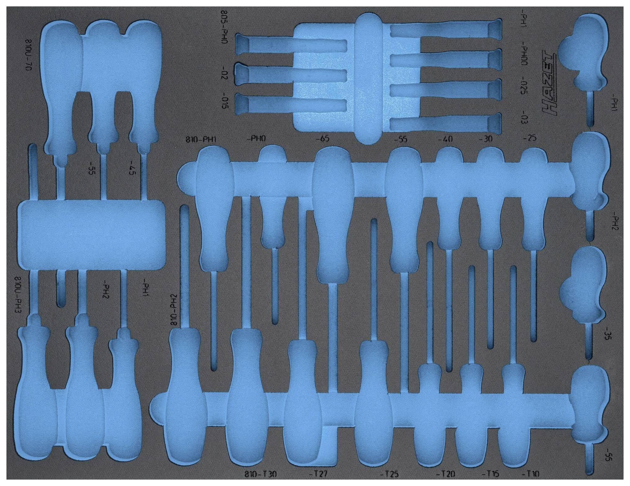 Ensemble de tournevis, différentes tailles et formes, avec un support en mousse moulée.
