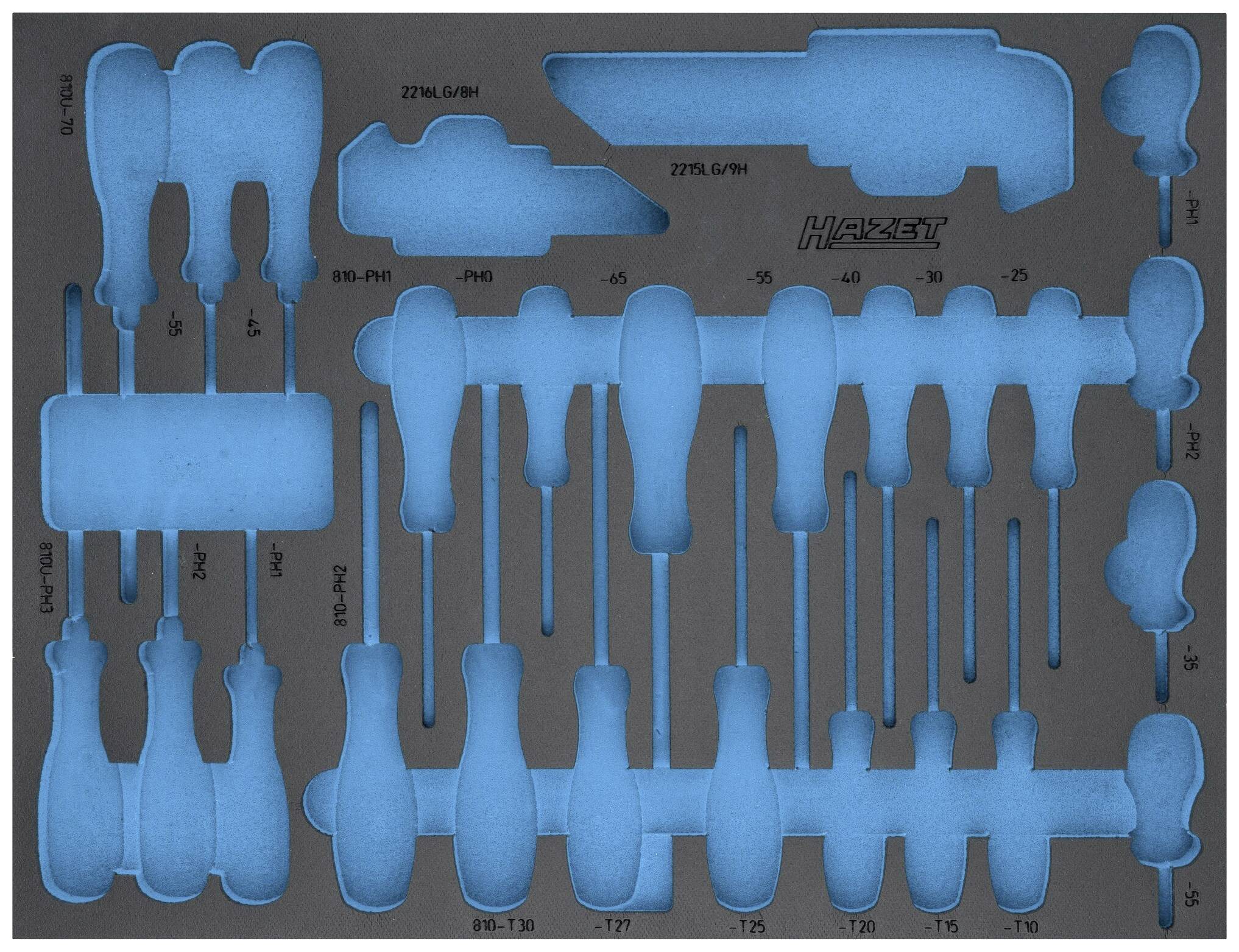 Un support de rangement en mousse avec des découpes de différentes formes, adapté aux tournevis et outils similaires.