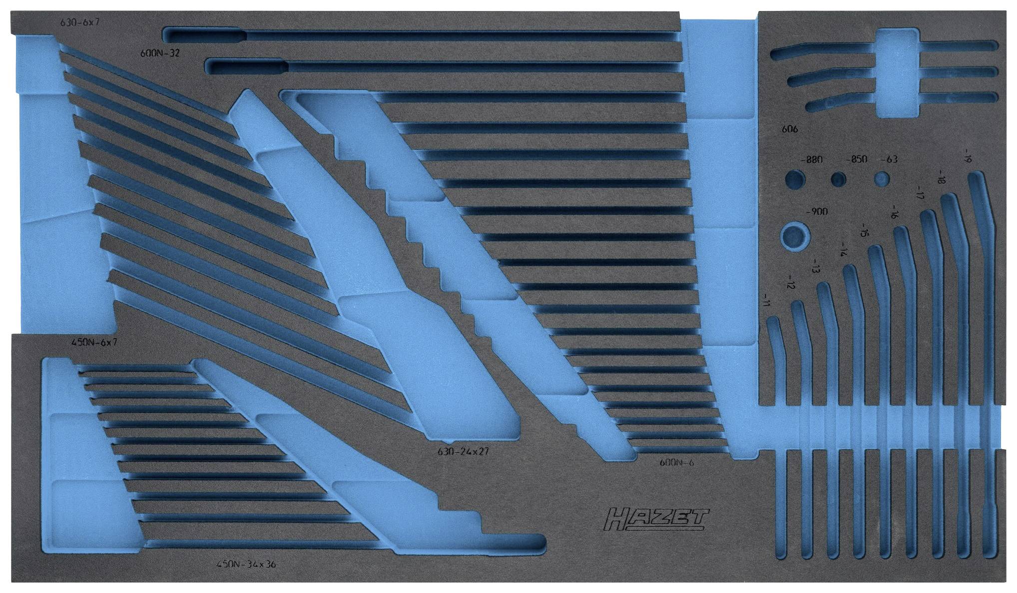 Garniture en mousse avec découpes de différentes formes pour outils, gris foncé et bleu, adaptée à des usages spécifiques.
