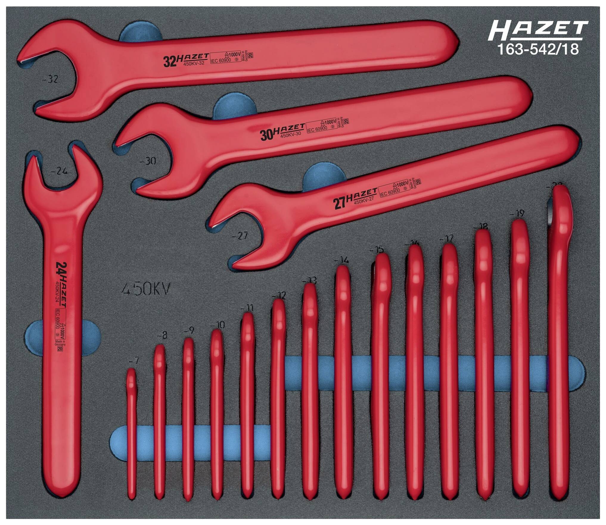 Jeu de clés à molette rouge avec insert en mousse. Différentes tailles de 6 à 32 mm, marque Hazet. Adapté aux travaux professionnels d'atelier.