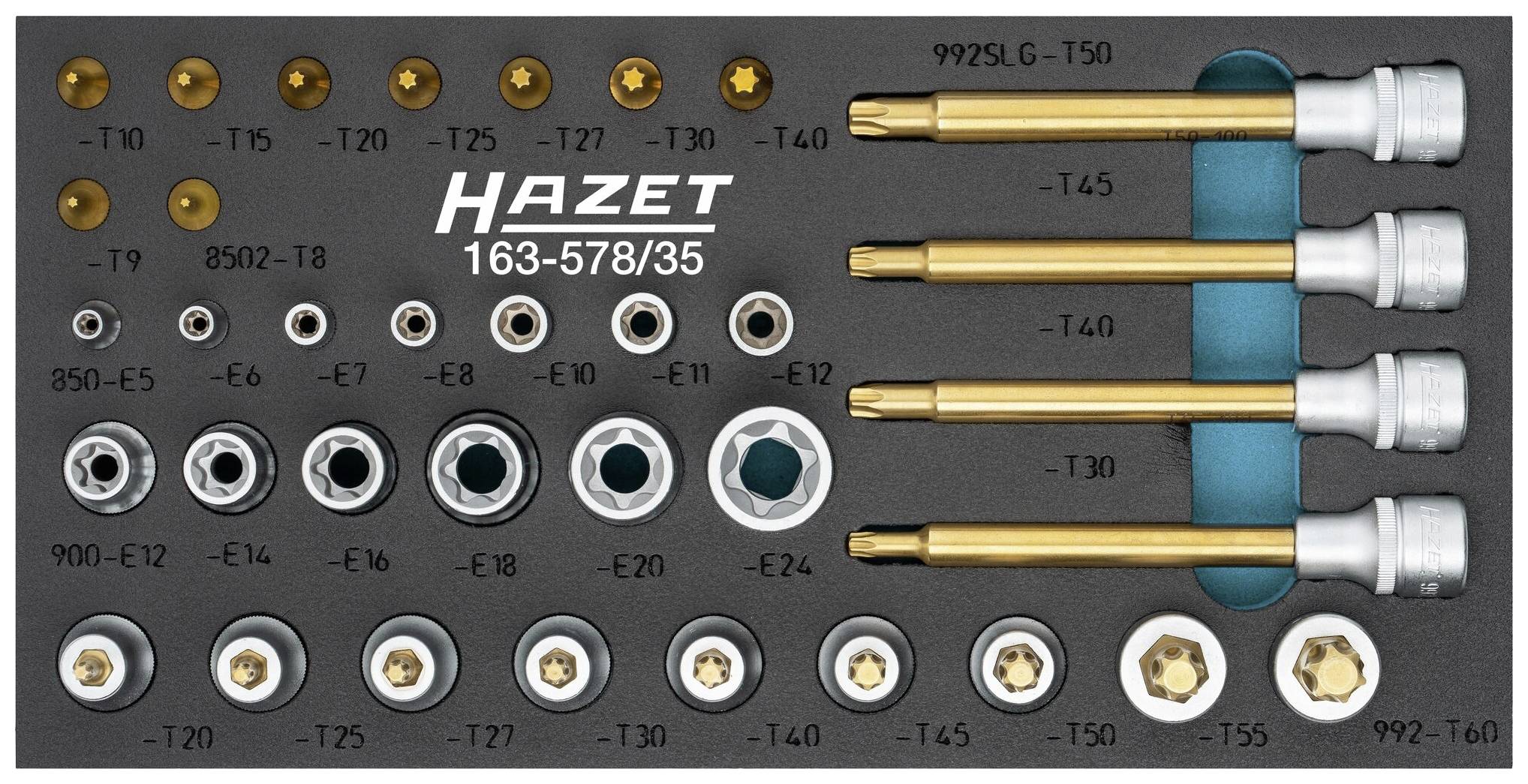 'Ensemble d'outils Hazet avec différentes douilles Torx et à emboîter. Comprend des tailles T de T50 à T10, des tailles E de E24 à E4.'