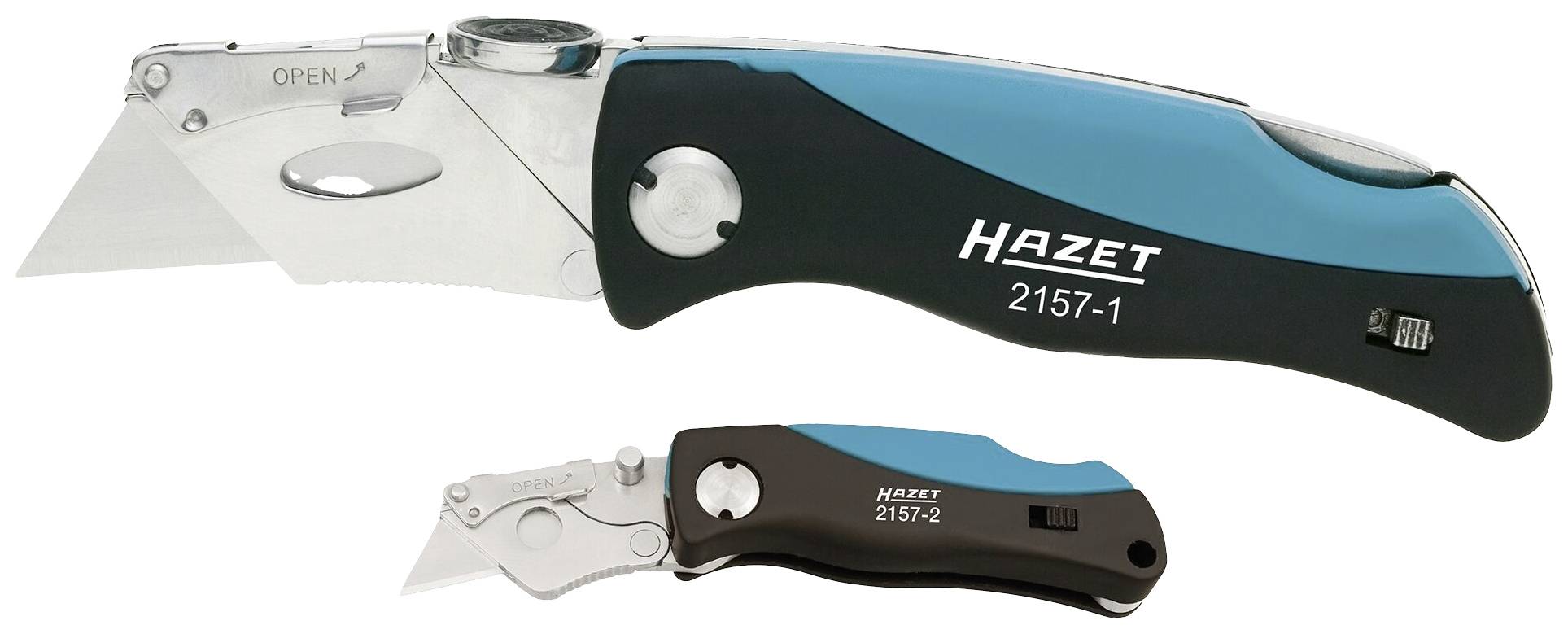 Un couteau pliant avec lame interchangeable de la marque Hazet, numéro de modèle 2157-1, en métal et plastique bleu et noir.