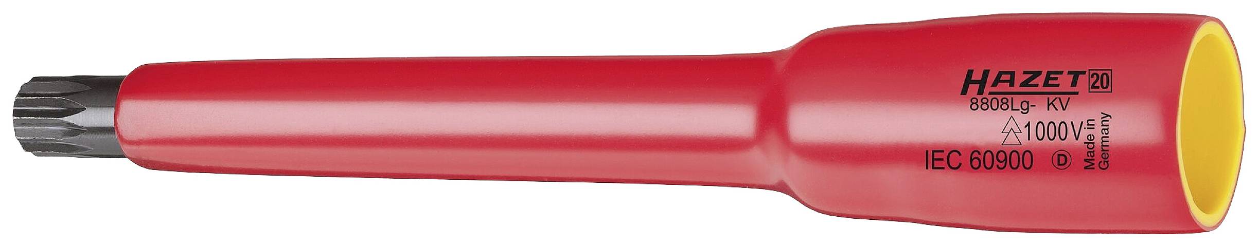 Tournevis électrique avec poignée rouge isolée. Inscription : « Hazet, 1000 V, IEC 60900 ». Adapté aux travaux sous tension.