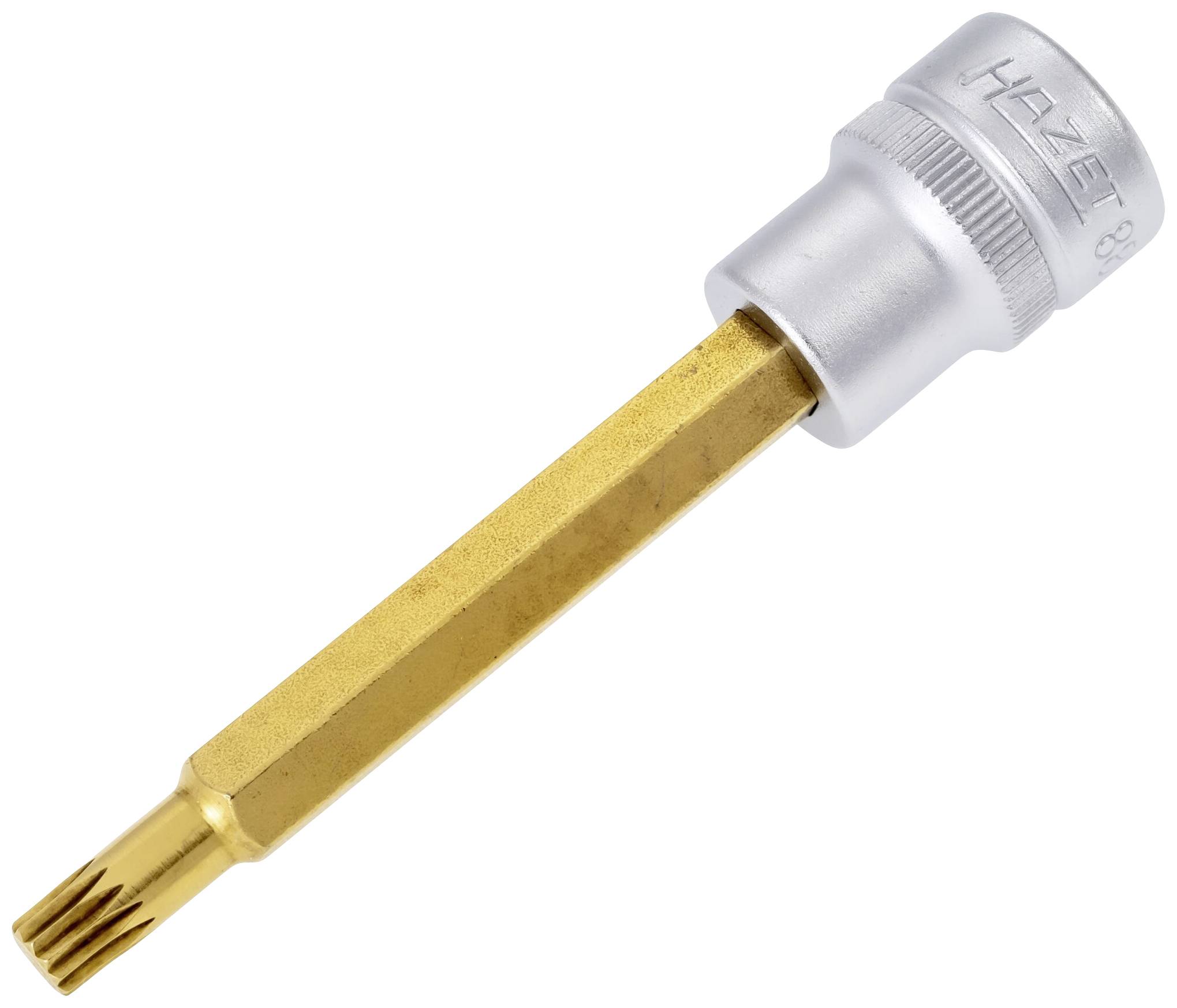 Un embout Torx doré avec un adaptateur à douille argenté.