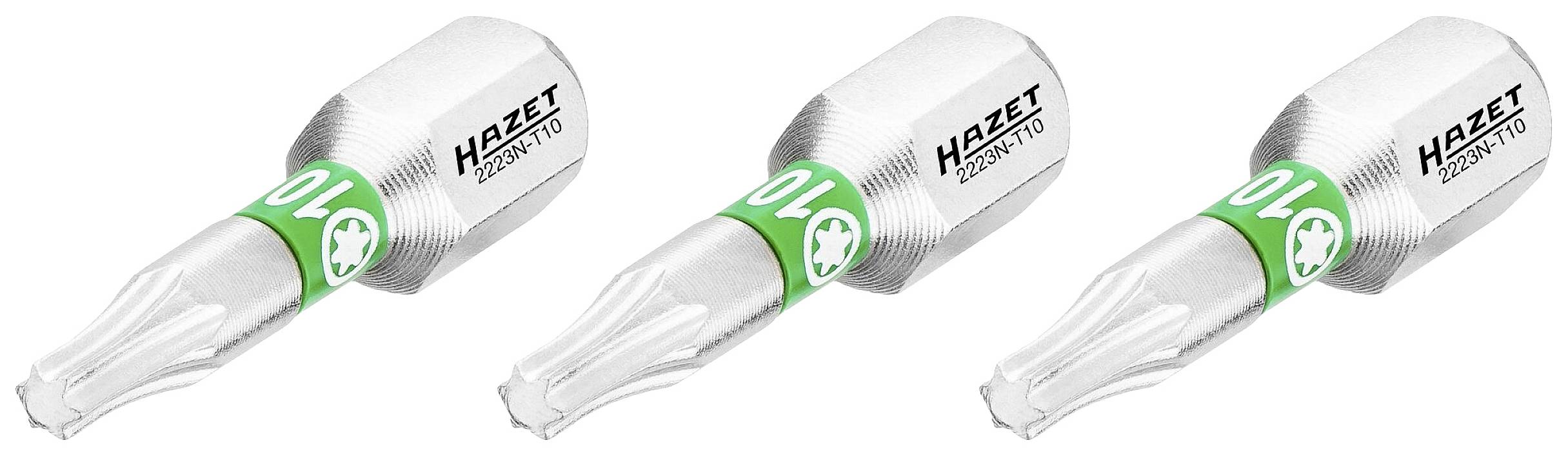 Trois embouts de tournevis Hazet 2309-V10 avec anneau vert et tige grise, disposés de gauche à droite.