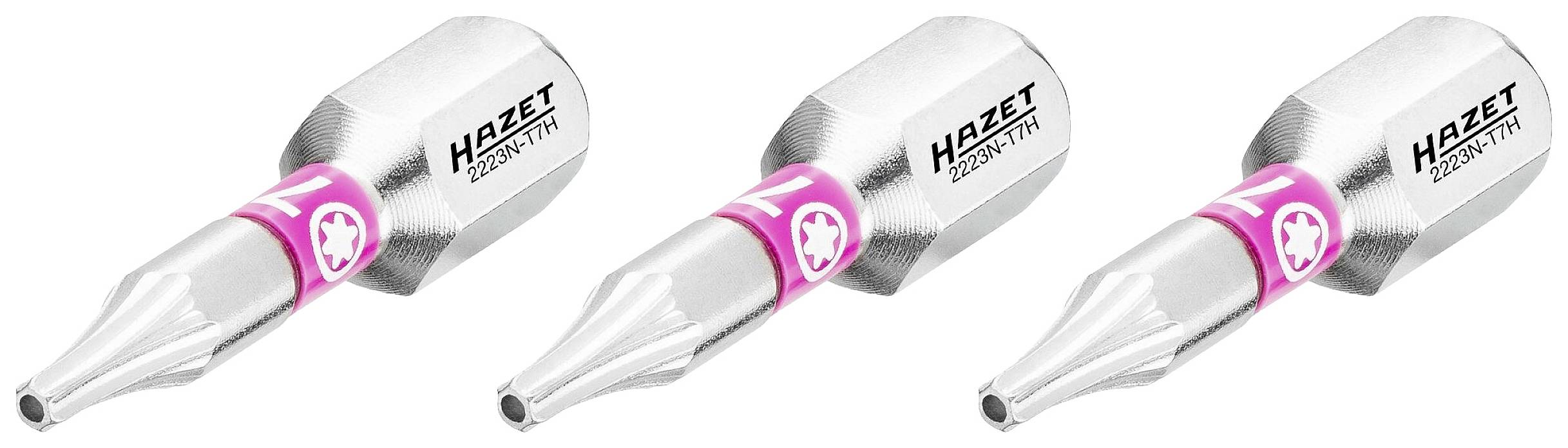 Trois outils argentés avec des touches roses et l'inscription 'HAZET F25TORN'.