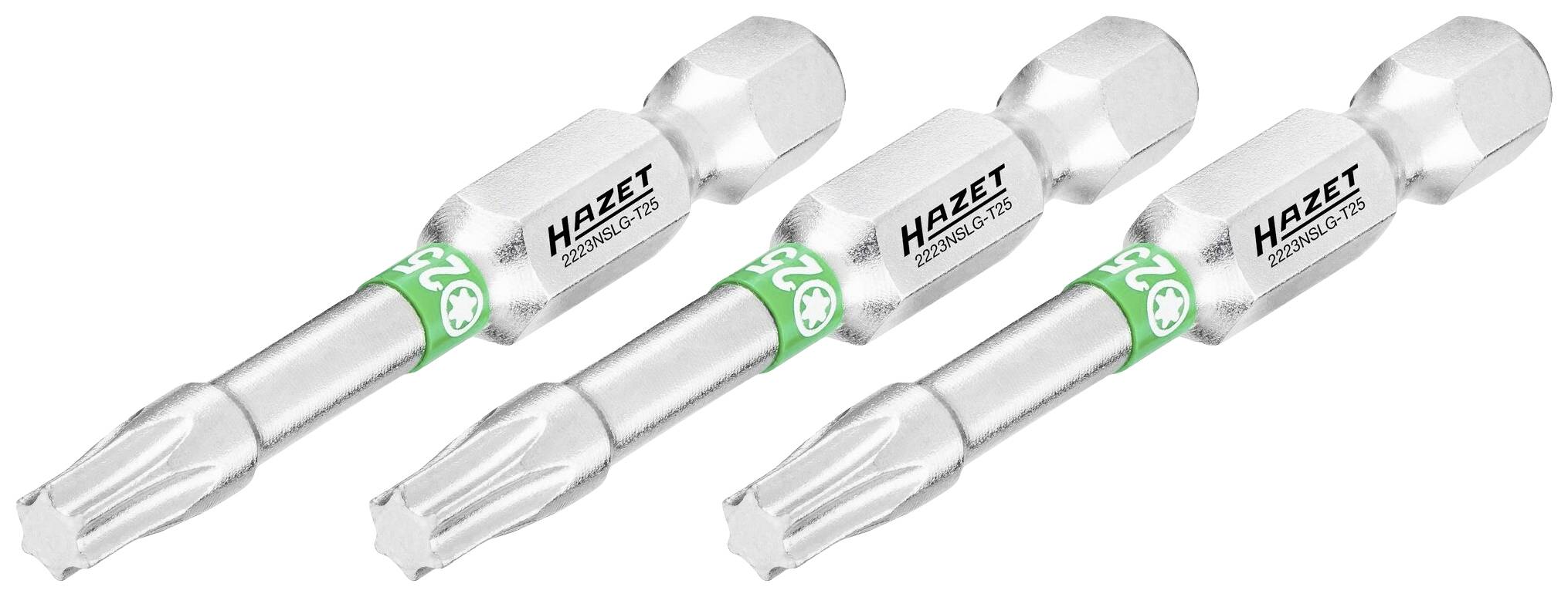 Trois embouts Torx en argent avec anneau vert et la marque 'Hazet'. Idéals pour le vissage précis et l'utilisation d'outils.