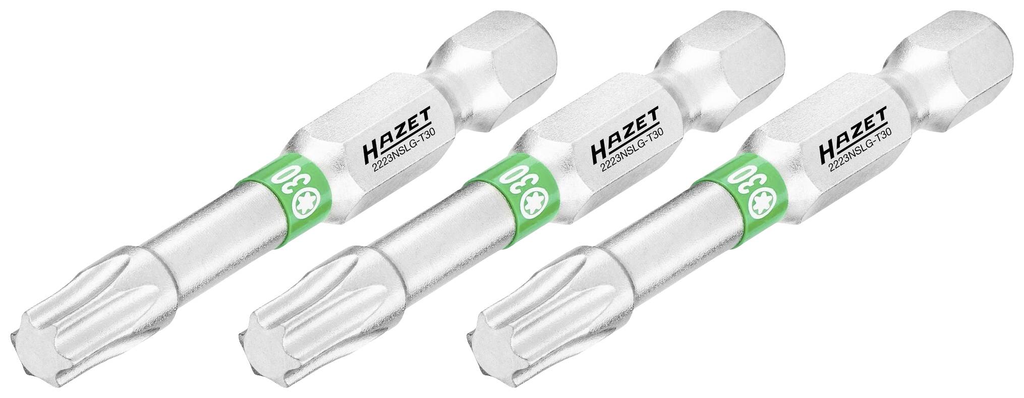 Trois embouts Torx argentés de la marque Hazet, chacun portant des marquages verts, disposés côte à côte.