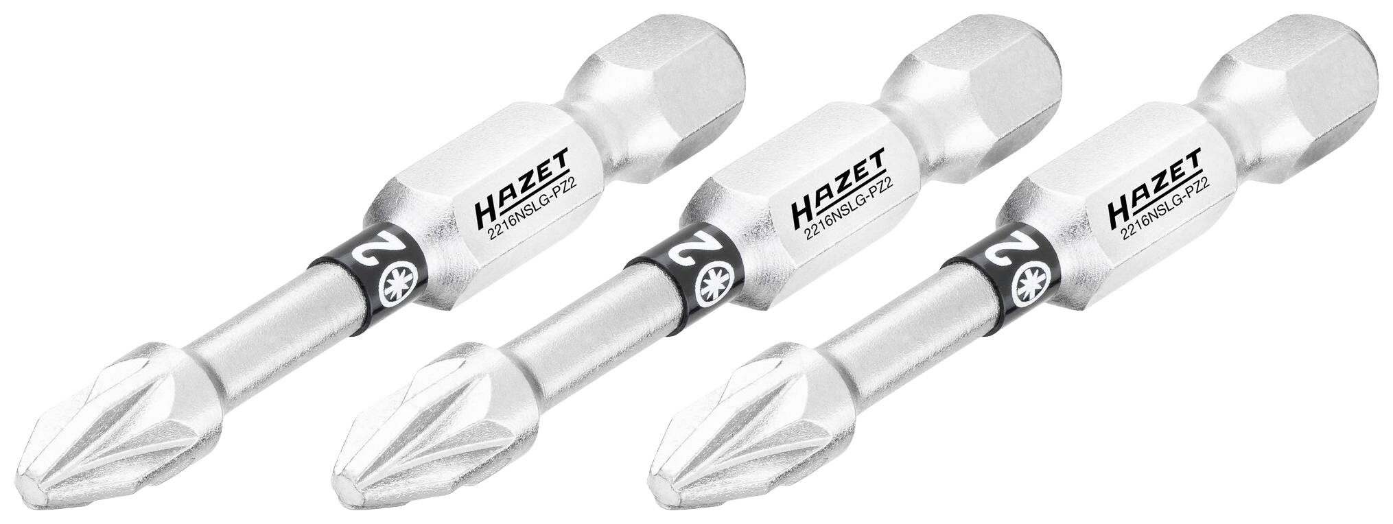Trois embouts de tournevis en argent de la marque Hazet, numérotés 2, avec tige hexagonale et pointe cruciforme.