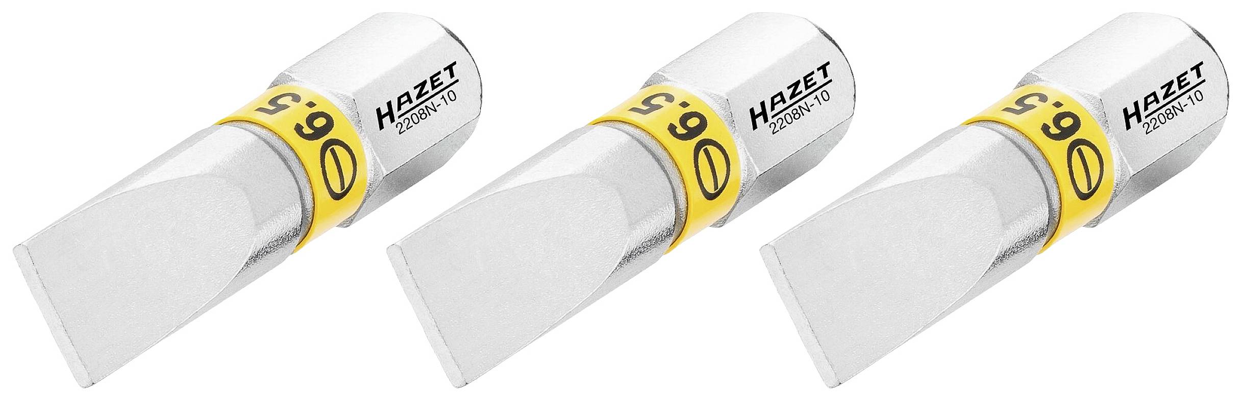 Trois embouts de tournevis argentés de la marque Hazet avec marquage annulaire jaune et inscription '6,5'.