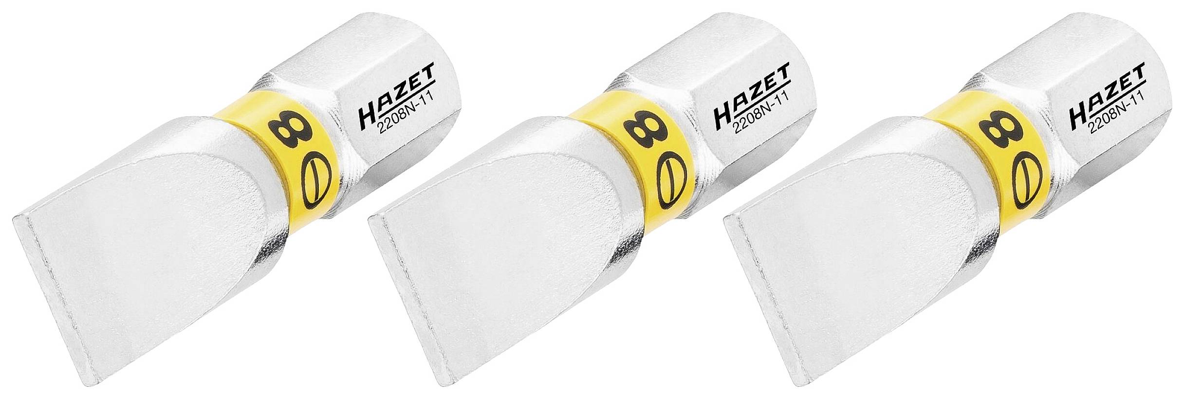 Trois embouts de tournevis en argent de Hazet avec anneau jaune, numérotés '8'.