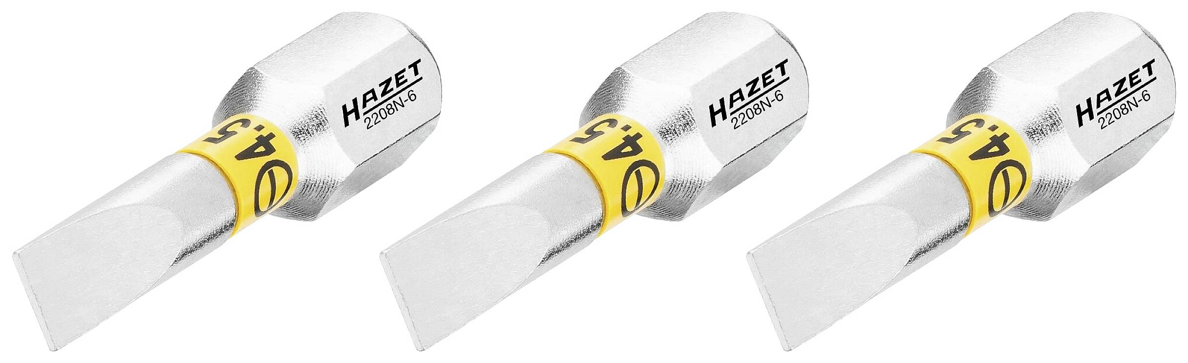 Trois tournevis HAZET argentés avec des marquages jaunes 34-5, alignés sur un fond blanc. Outils pour visser.