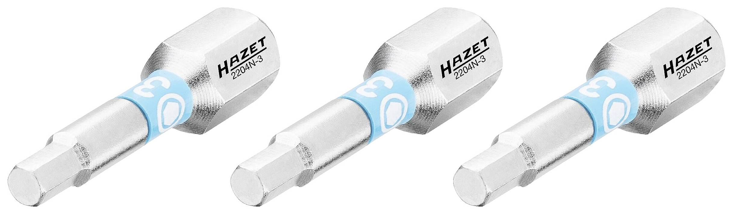 Trois embouts de tournevis métalliques avec marquage bleu et portant l'inscription 'Hazet 2200N/3'.