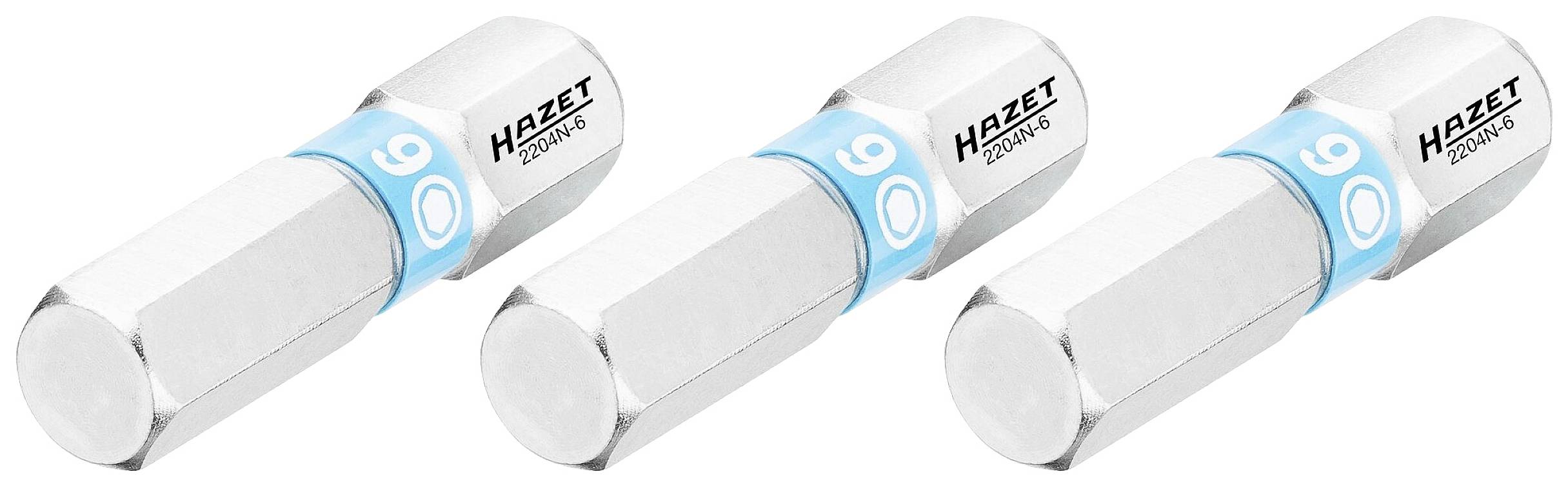 Trois douilles à embouts argentées de Hazet avec des marquages bleus, disposées côte à côte. Principalement utilisées pour les travaux de vissage.