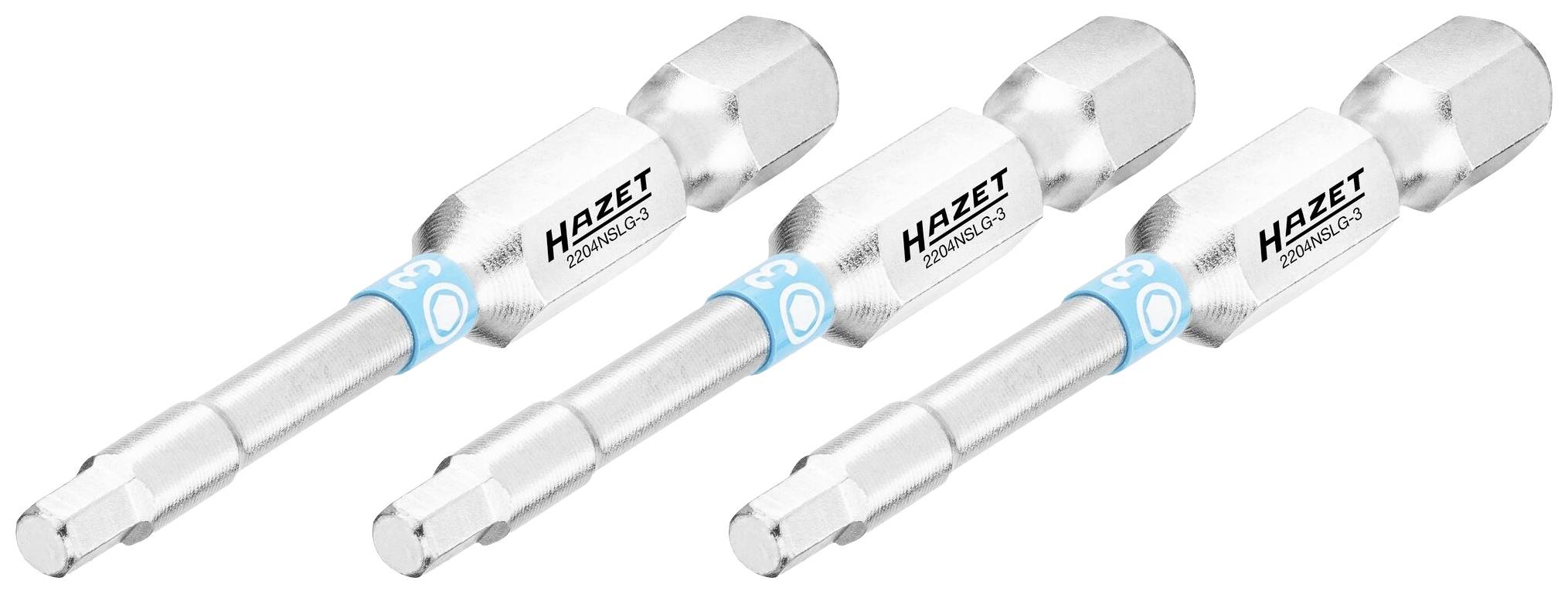 Trois mèches en argent à tige hexagonale et marquages bleus, identifiées par 'HAZET' et '2262G-3'.