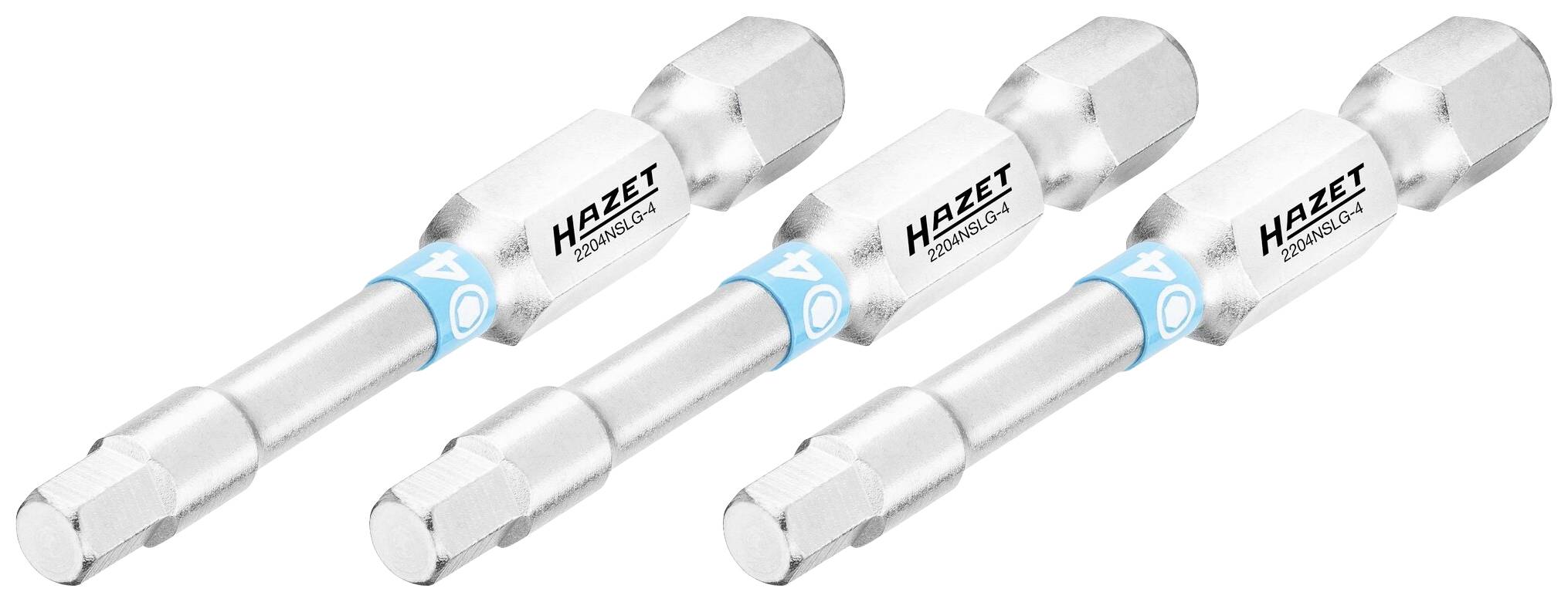 Trois embouts de tournevis argentés avec marquage bleu et inscription 'Hazet'.