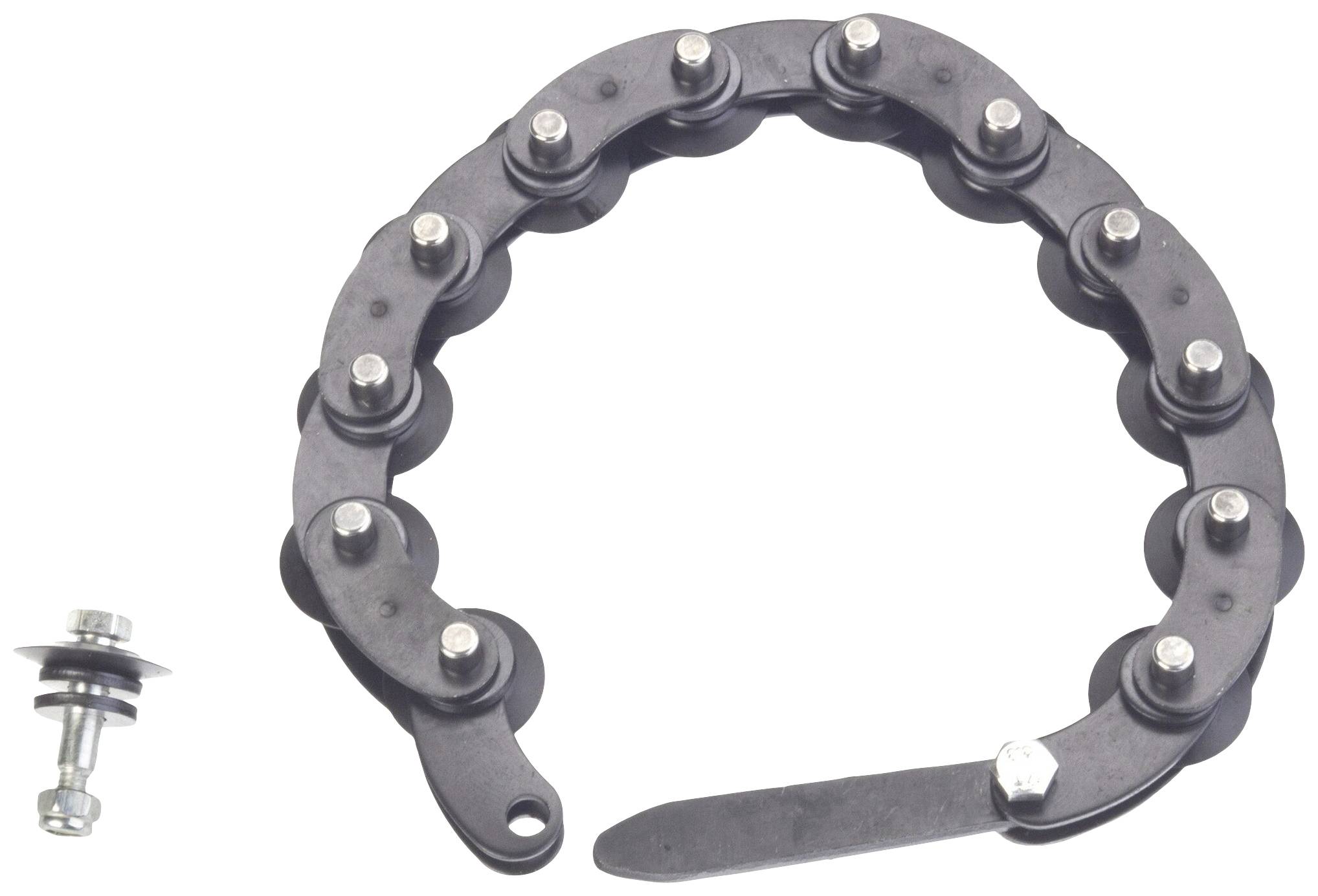 Un anneau de chaîne noir à plusieurs rivets, accompagné d'un jeu de vis séparé. Outil pour la fixation ou l'ajustement.