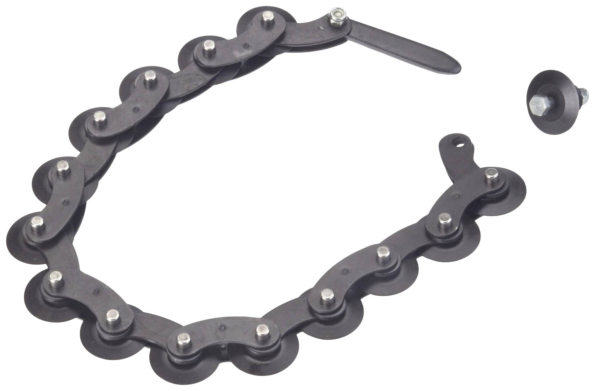 Système de chaîne avec articulations flexibles et rouleaux en plastique, adapté au transport d'objets sur des convoyeurs.