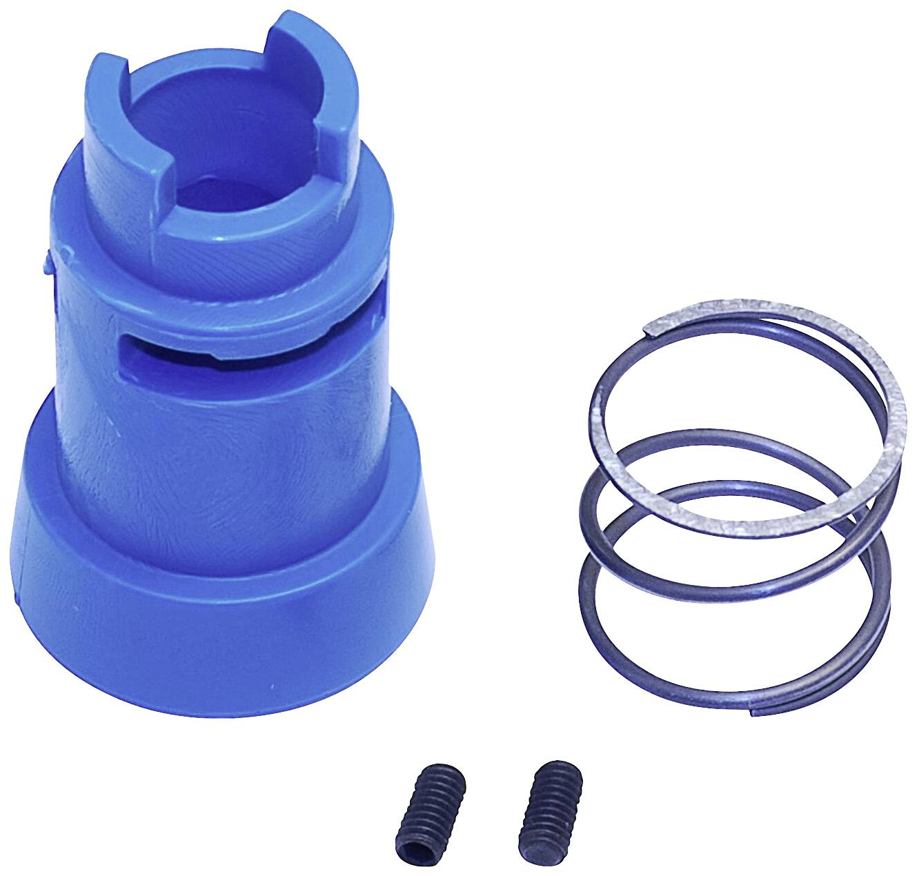 Une pièce en plastique bleue avec un ressort hélicoïdal et deux petites vis noires sur un fond blanc.