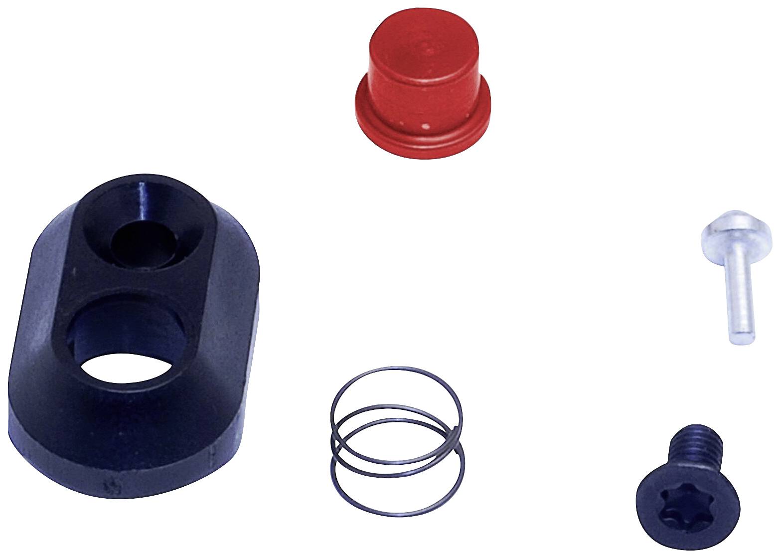 Cinq pièces d'un kit de construction mécanique : ferrure noire, capuchon rouge, broche argentée, ressort métallique et vis noire.
