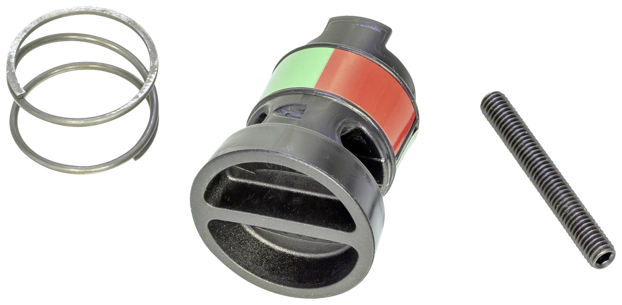 Ressort métallique, valve en plastique avec marquage rouge-vert, longue tige métallique. Pièces possibles d'un dispositif mécanique.