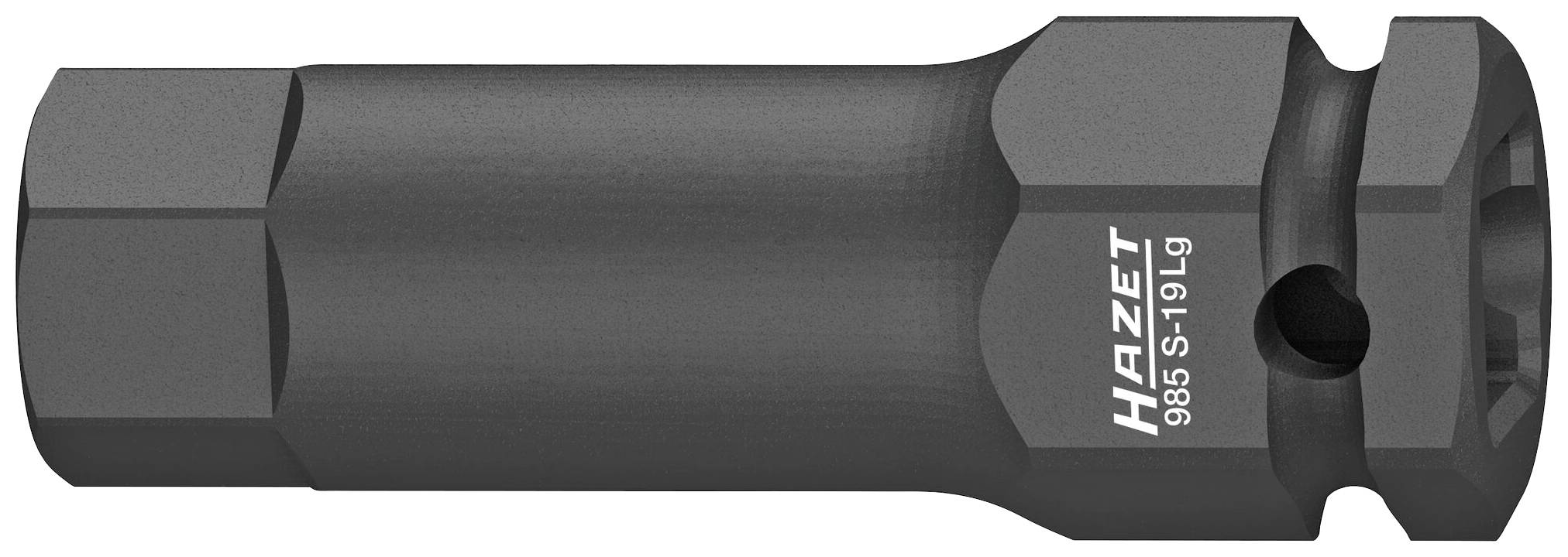 Clé à douille longue, modèle Hazet 985 S-19 Lg, en métal sombre, adaptée aux écrous hexagonaux, logo sur le côté.