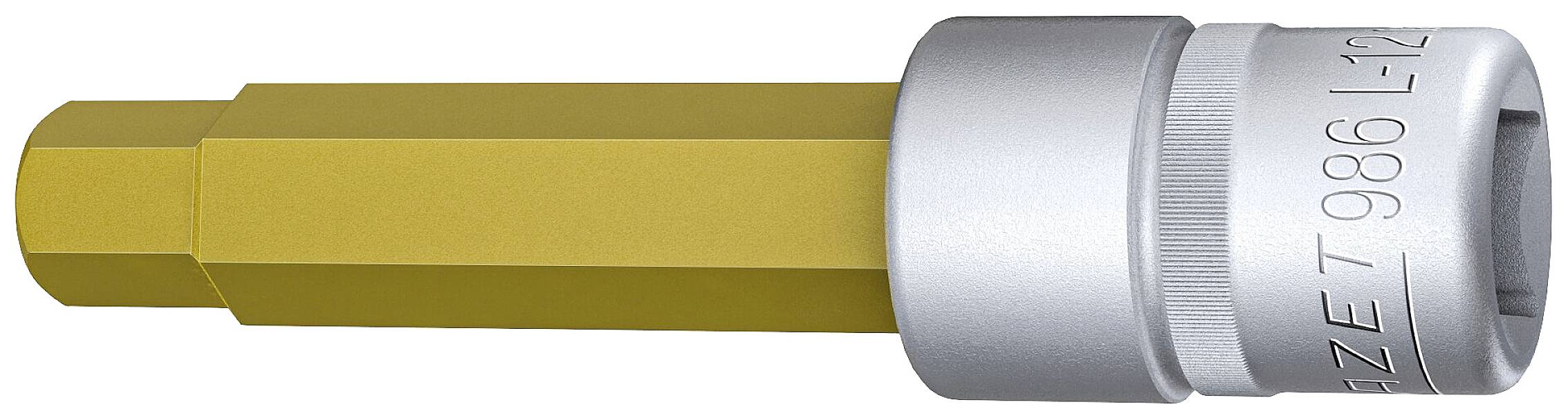 Un outil de couleur or à six pans avec un embout argenté, marqué de la gravure 'ZET 986 L-12'.