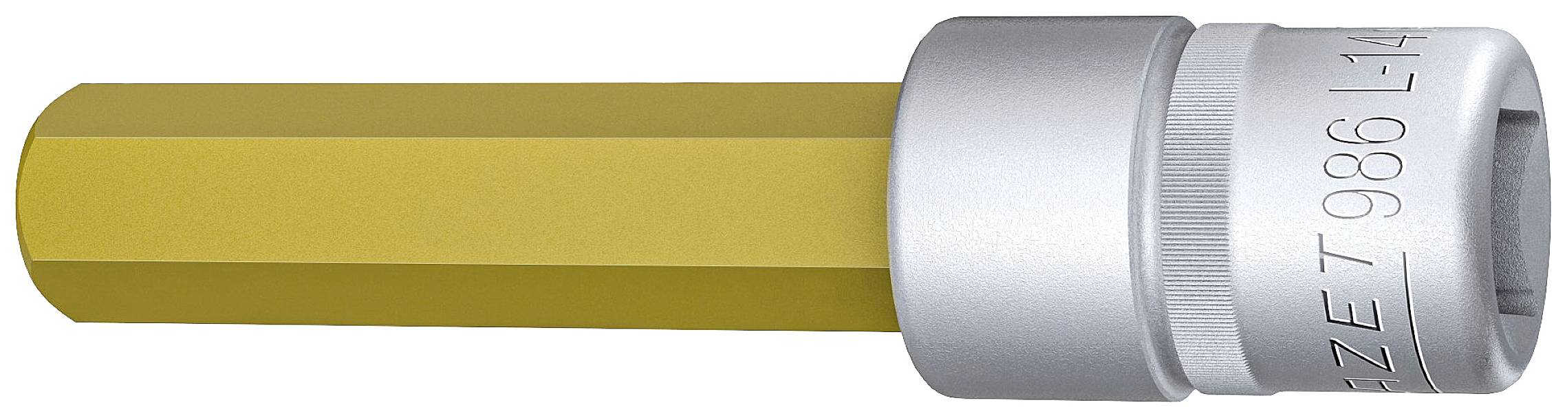 Un insert de clé à douille de couleur or à six pans, avec un manchon métallique argenté sur lequel est gravé 'HAZET 986 L14'.