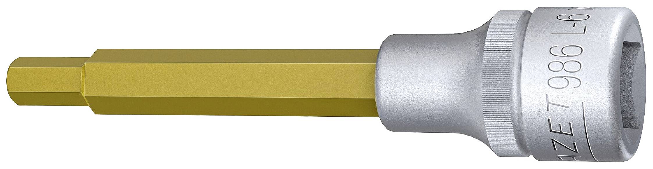 Un outil argenté avec un embout hexagonal doré, ressemblant à un adaptateur de clé à douille, sur un fond blanc.