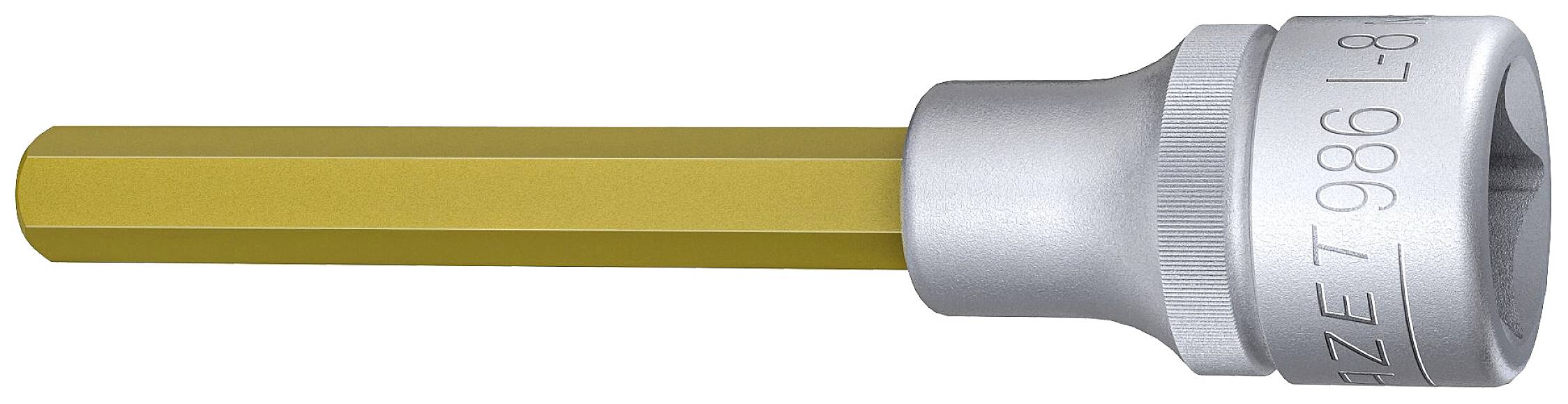 Un embout hexagonal doré avec un support argenté, conçu pour être utilisé dans des adaptateurs d'outils.