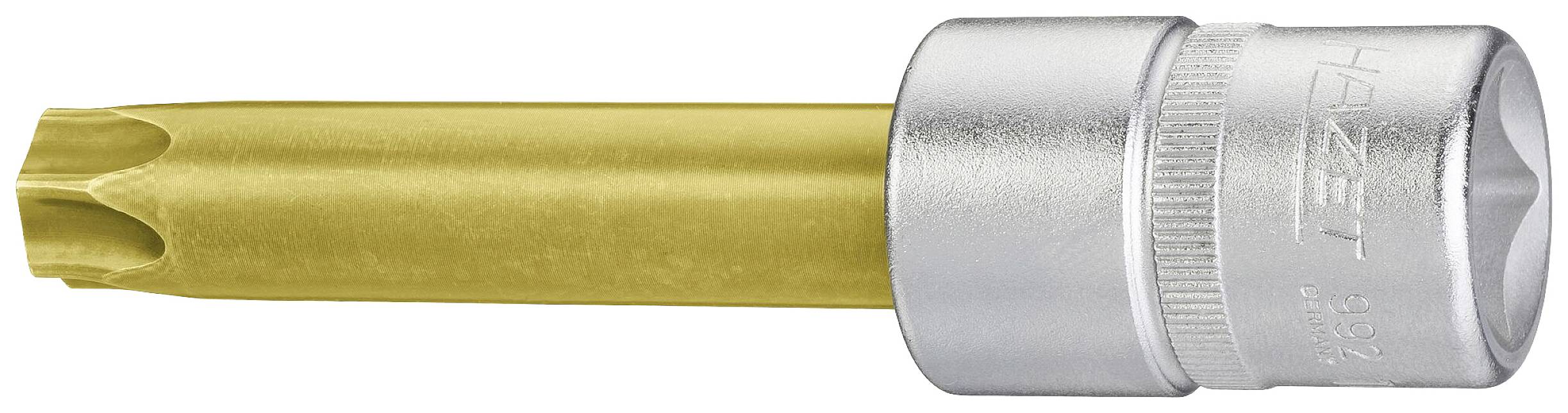 Un embout Torx doré dans un manchon argenté. La surface semble métallique avec des détails brillants.