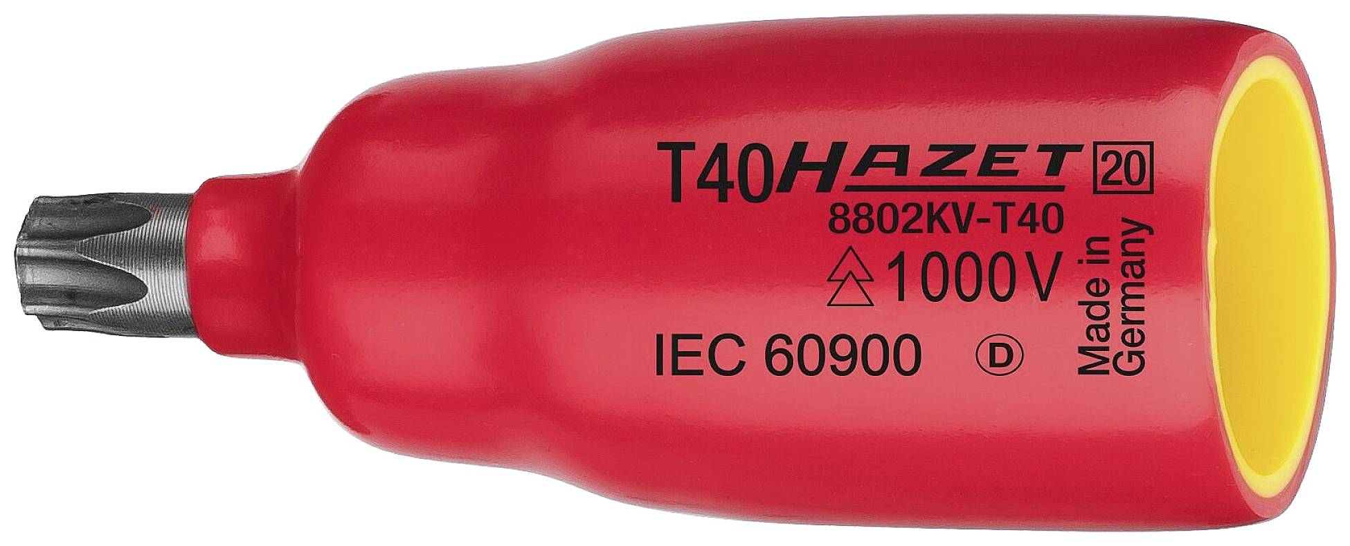 Tournevis isolé rouge avec l'inscription 'T40 HAZET 8802KV-T40', '1000V IEC 60900', 'Made in Germany'.