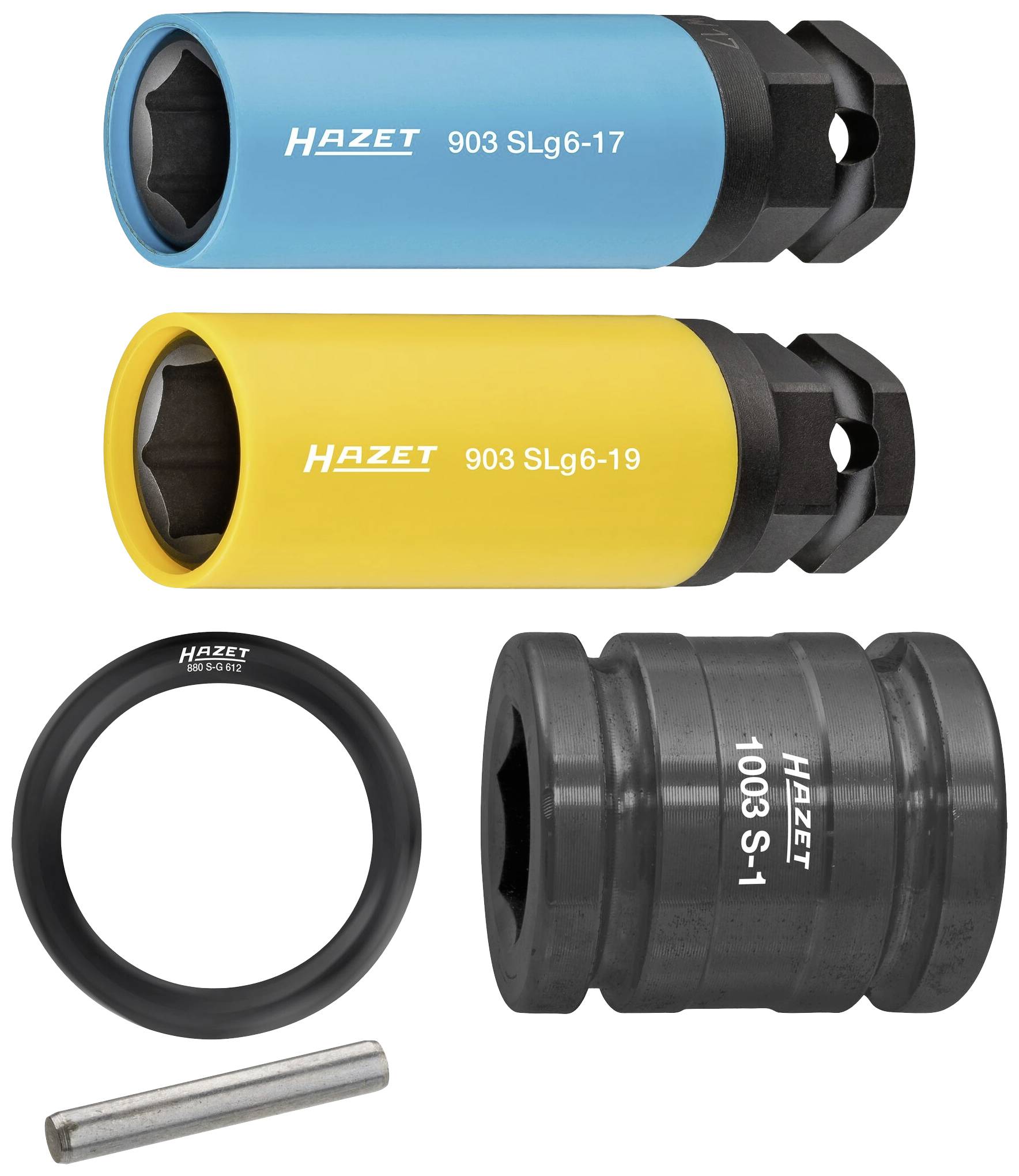 Deux clés à ergots de couleur, une bague et un adaptateur. Étiquetés 'Hazet', modèles '903 SLg6-17', '903 SLg6-19', '1003 S-1'.