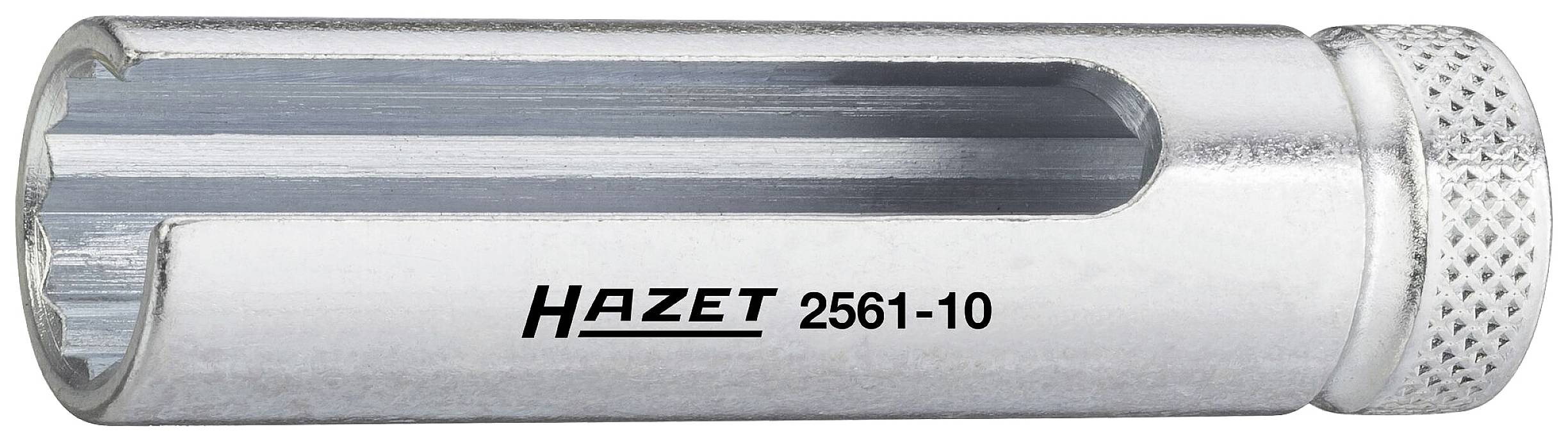Une clé à bougie Hazet en argent, modèle 2561-10, présente une ouverture latérale pour une meilleure prise en main.