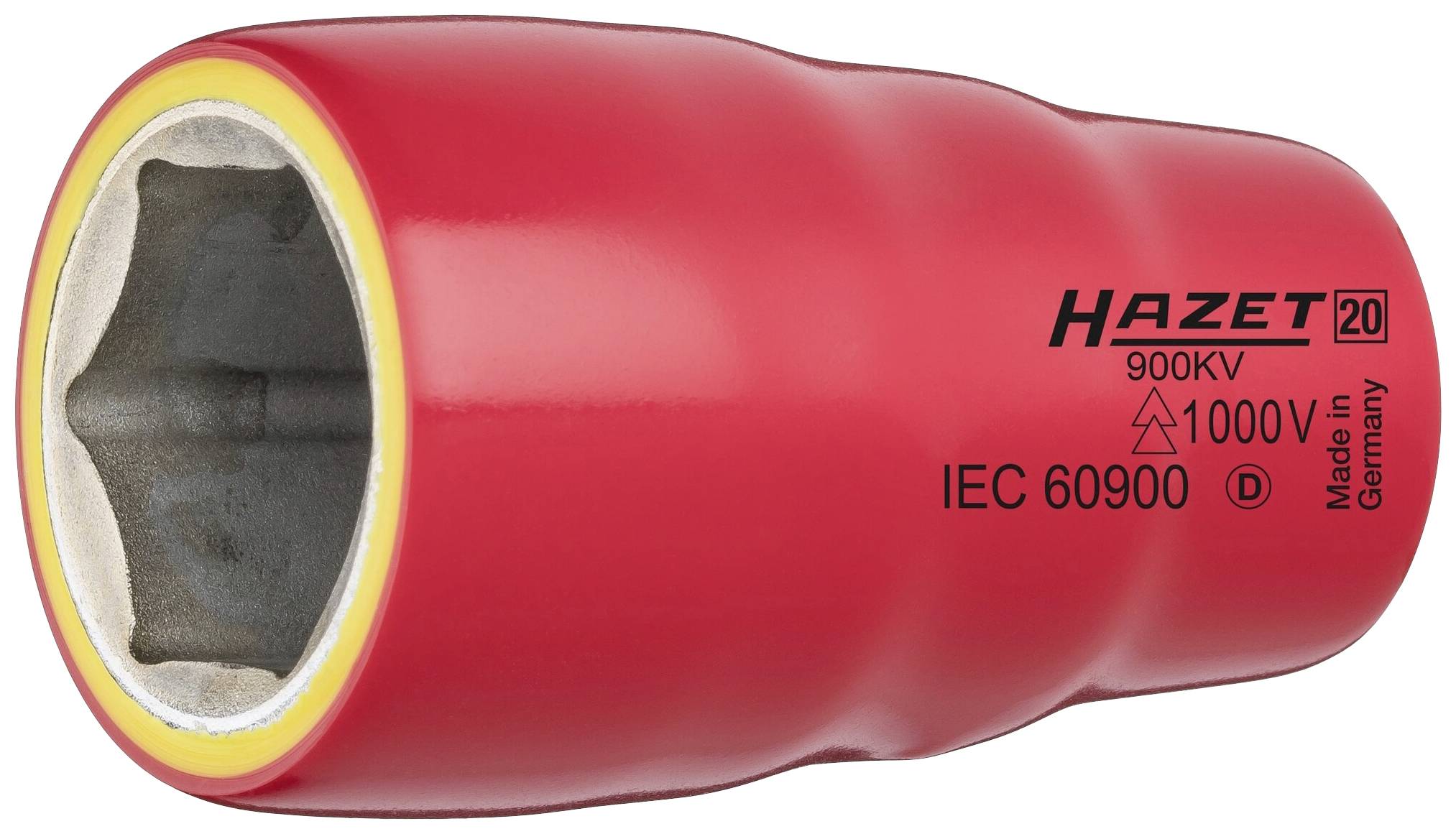 Écrou isolant rouge individuel avec inscription 'Hazet 20', 900 KV, IEC 60900. Conçu pour 1000V. Fabriqué en Allemagne.