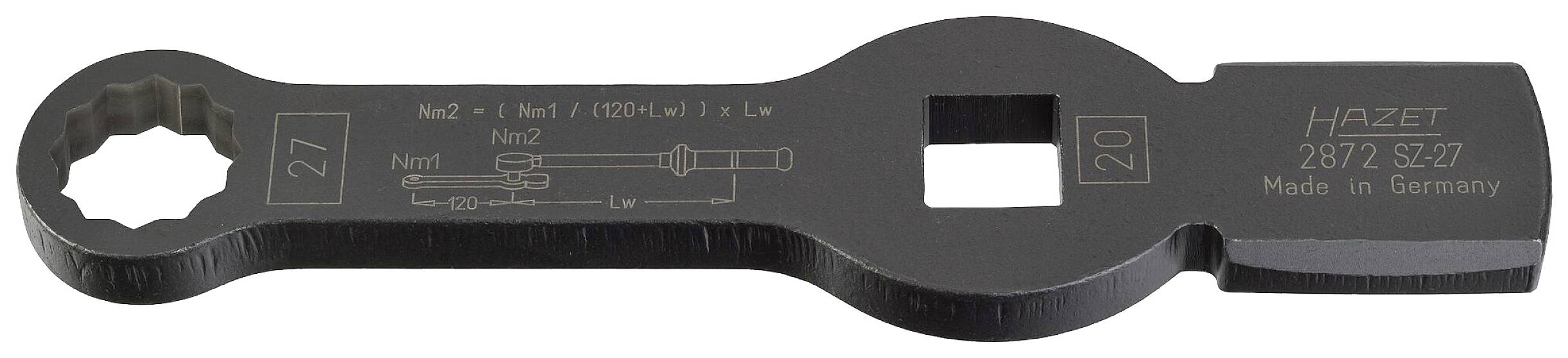 Une clé Hazet noire portant les inscriptions '2877 SZ27', à double face avec une tête de 27 mm et une tête de 20 mm, et marquée 'Made in Germany'.