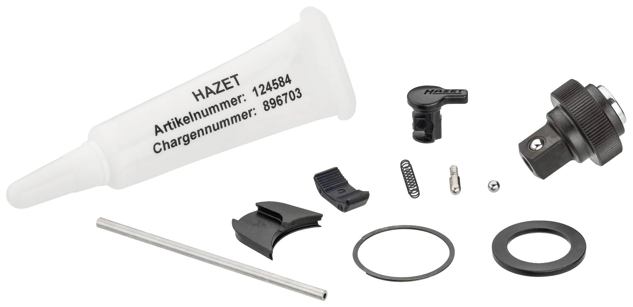 Différentes pièces d'outils et un tube blanc portant l'inscription « HAZET, Numéro d'article : 124584, Numéro de lot : 896703 », sur un fond blanc.