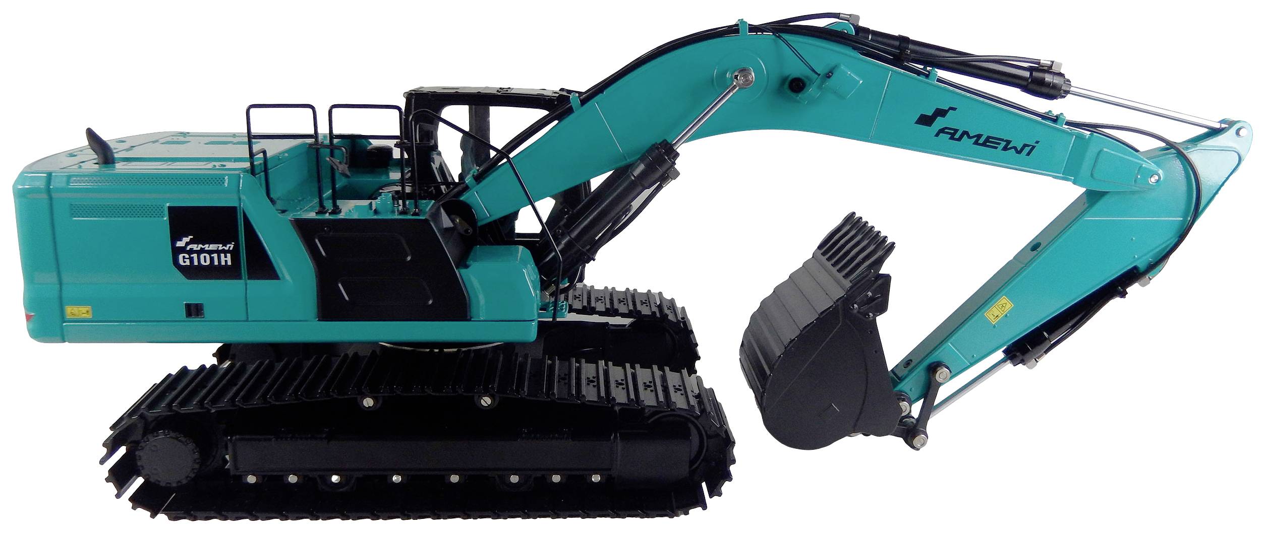 Pelleteuse en vue latérale montrant un bras et un godet bleus. Le nom de marque 'KOBELCO' et le modèle 'SK100N' sont visibles sur la carrosserie.