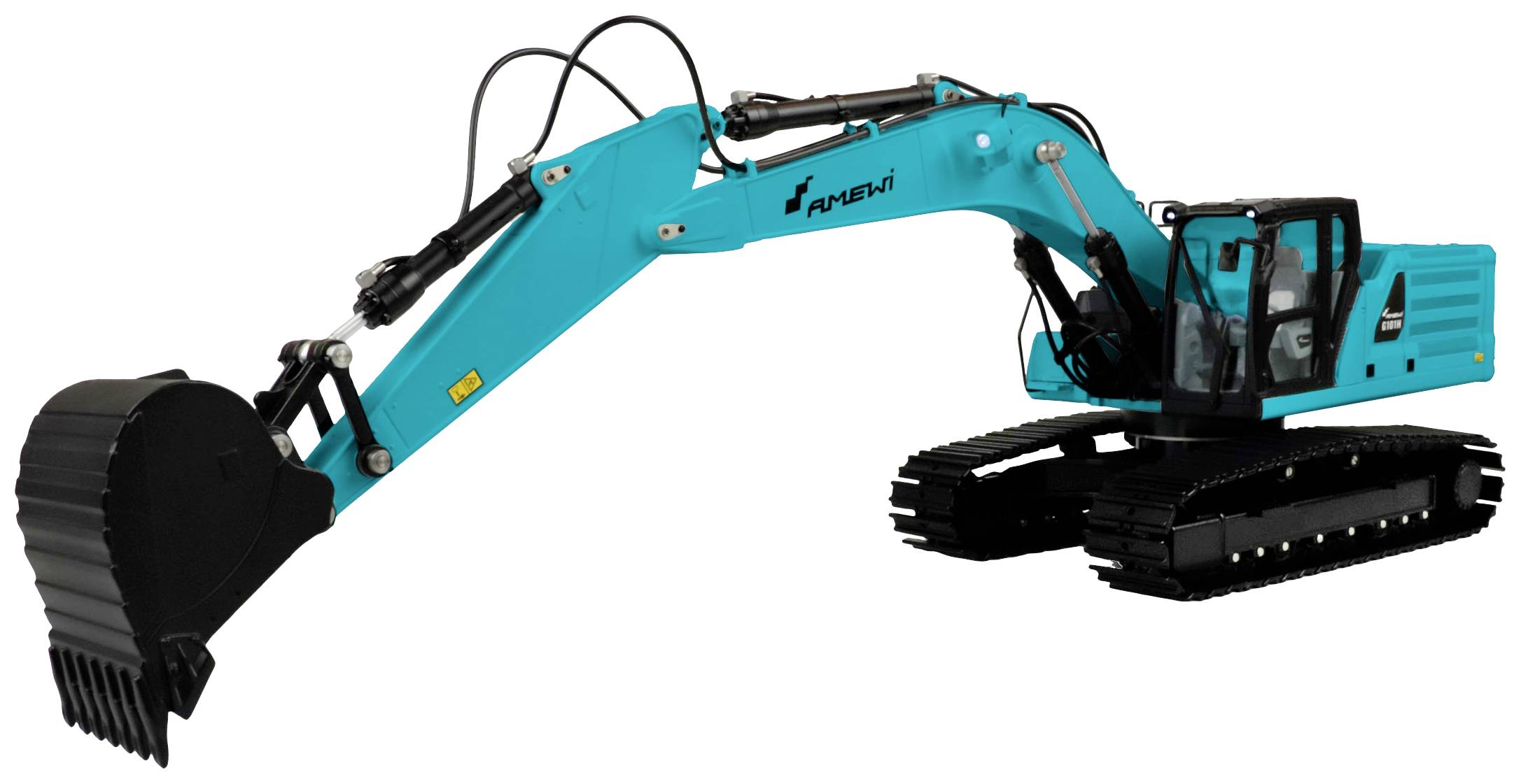 Un excavateur bleu-noir sur chenilles, équipé d'une grande pelle à l'extrémité de sa longue flèche, vu de profil.