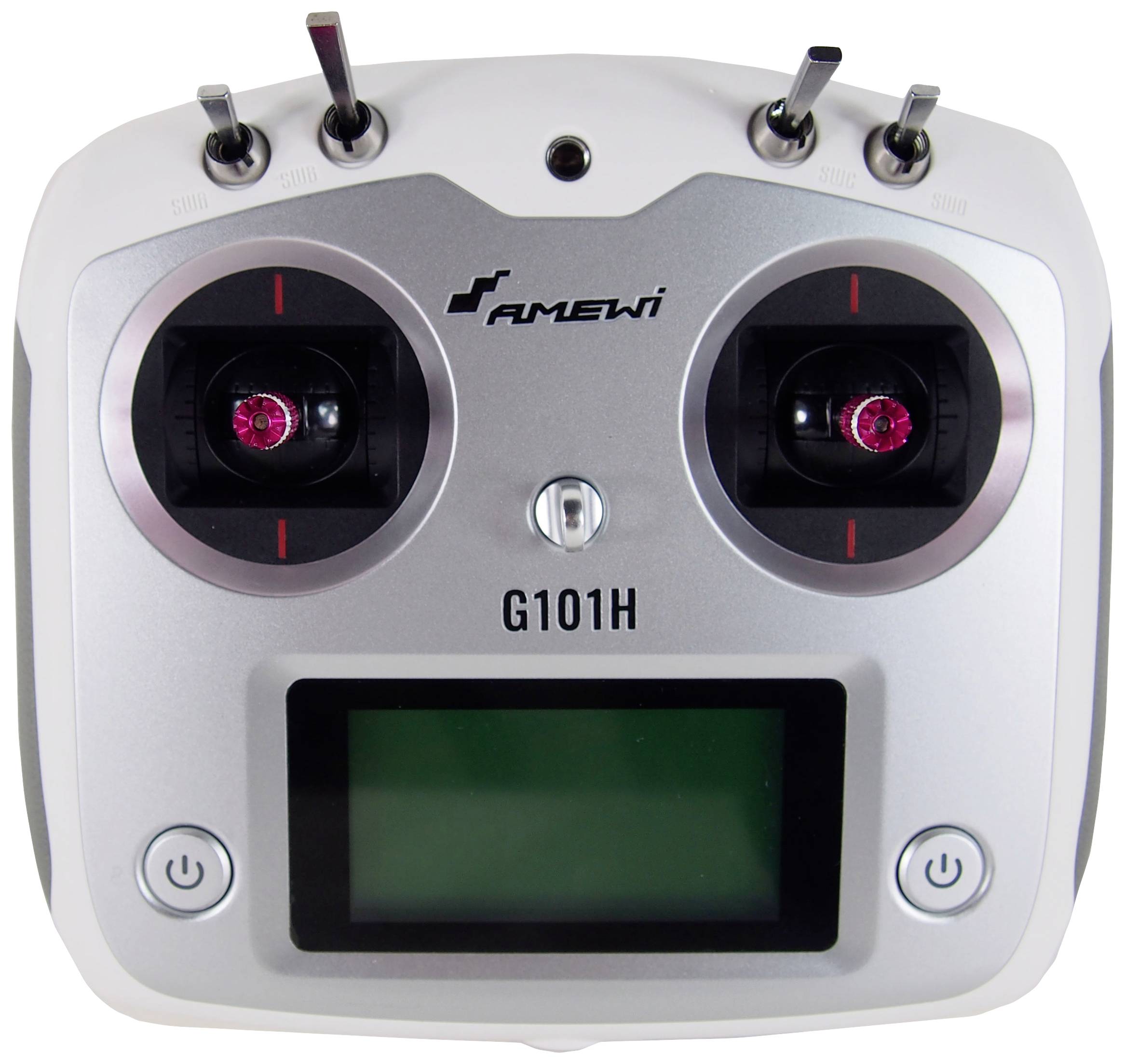 Une télécommande argentée avec deux joysticks noirs et un écran en bas, le nom de marque « Amewi » en haut, modèle « G101H ».